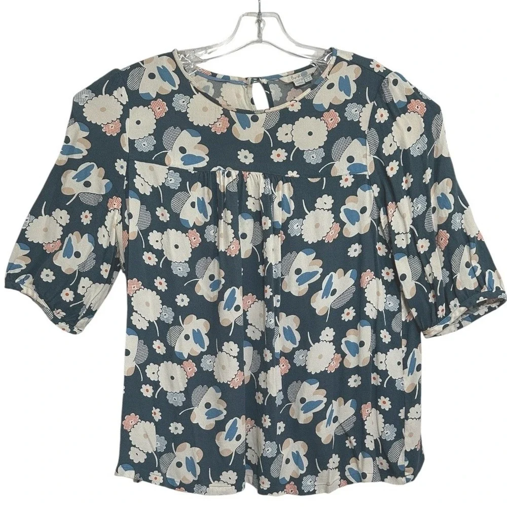 Boden Floral‎ Blouse Womens Blue Retro Floral Print Keyhole Back Cottagecore  10